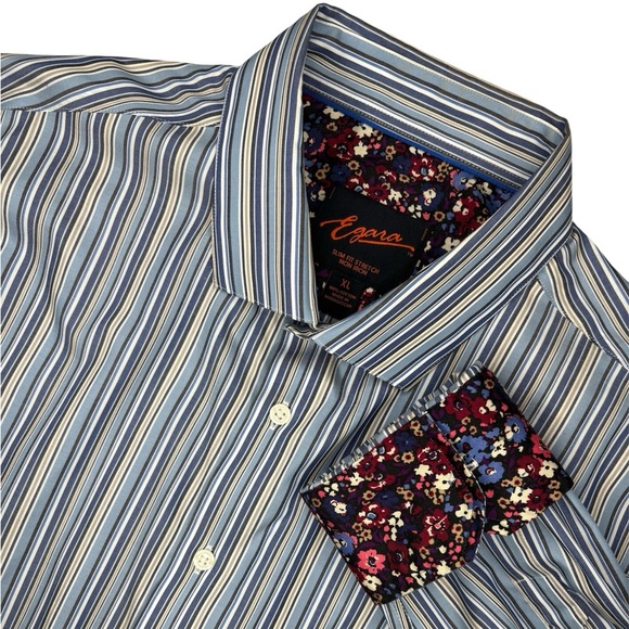 Egara Men’s Slim Fit Blue Tan White Striped Dress Shirt Floral Cuff/Neckline XL - Picture 1 of 10